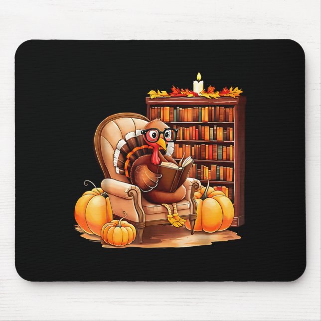 Turkey Reading Books Fall Thanksgiving Teacher Boo Mouse Mat (Front)