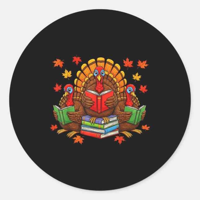 Turkey Reading Books Teacher Fall Thanksgiving Boo Classic Round Sticker (Front)