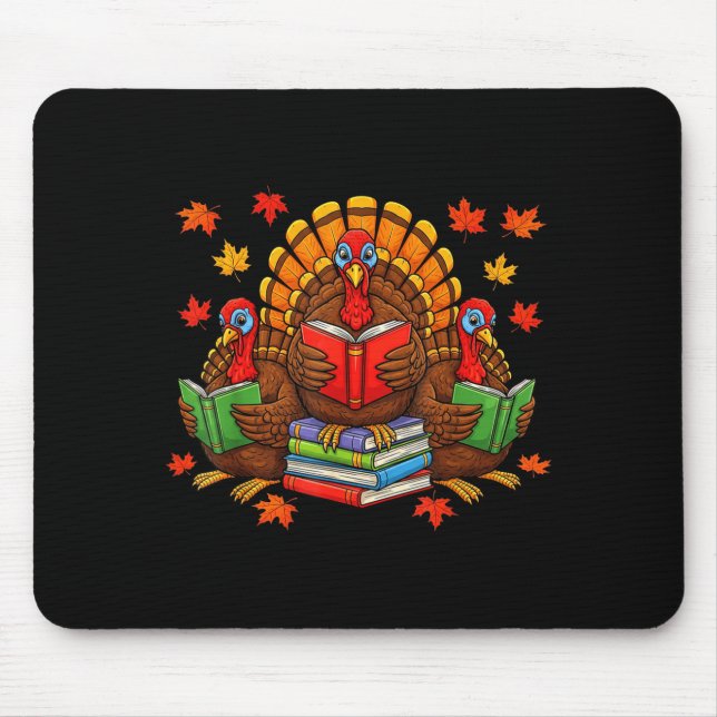 Turkey Reading Books Teacher Fall Thanksgiving Boo Mouse Mat (Front)