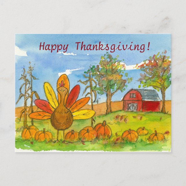 Turkey Red Barn Pumpkin Patch Happy Thanksgiving Holiday Postcard (Front)