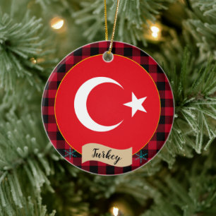 Turkey, Red buffalo plaid & Turkish Flag Ceramic Tree Decoration
