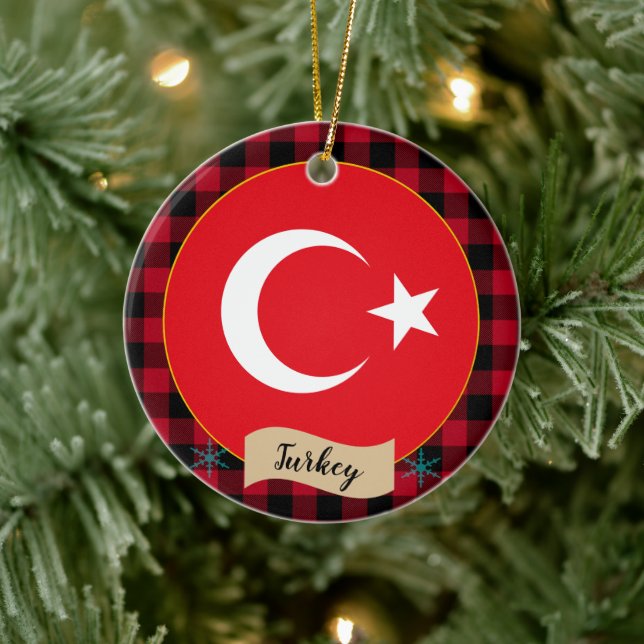 Turkey, Red buffalo plaid & Turkish Flag Ceramic Tree Decoration (Tree)
