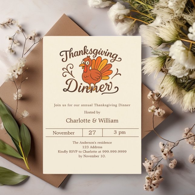 Turkey retro cream Thanksgiving Dinner Invitation (Creator Uploaded)