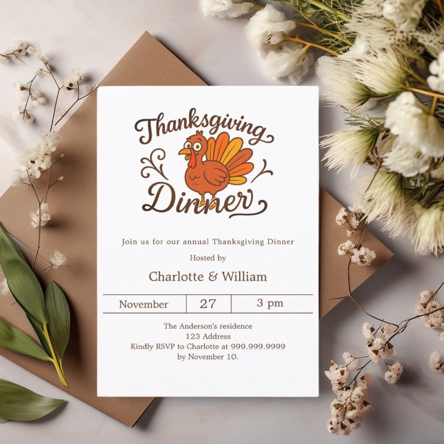 Turkey retro cute Thanksgiving Dinner Invitation (Creator Uploaded)