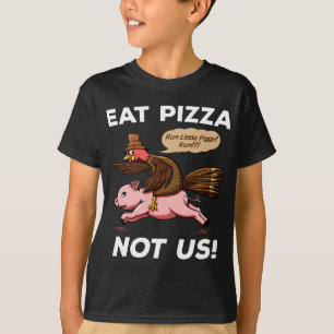 Turkey Rides Pig Eat Pizza Vegan Funny Thanksgivin T-Shirt