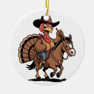 Turkey Riding a Horse Cowboy Turkey thanksgiving Ceramic Tree Decoration