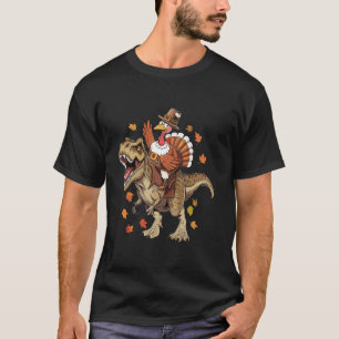 Turkey Riding Dinosaur T rex Boys Kids Funny Thank T-Shirt