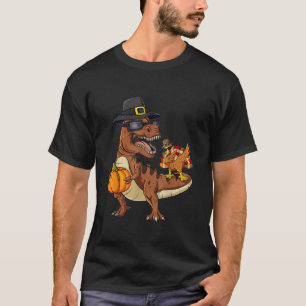 Turkey Riding Dinosaur T rex Boys Kids Funny Thank T-Shirt