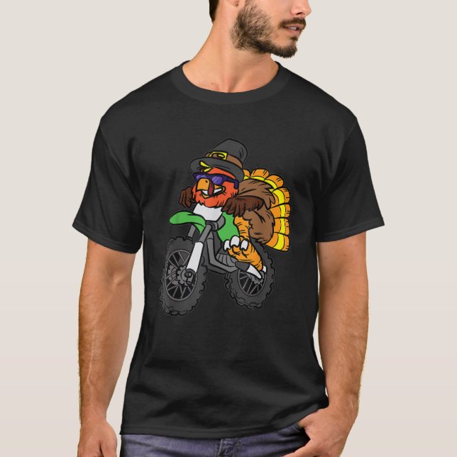 Turkey Riding Dirt Bike Thanksgiving Day Cool Moto T-Shirt (Front)