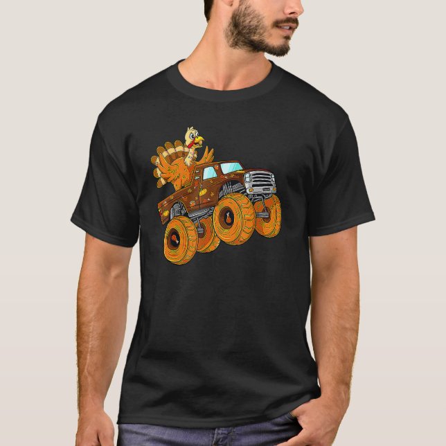 Turkey Riding Monster Truck Thanksgiving Day Boys  T-Shirt (Front)
