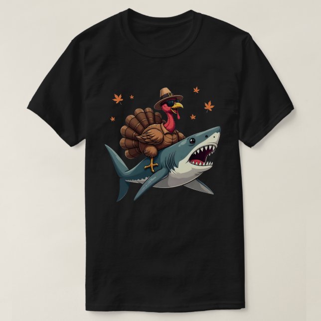 Turkey Riding Shark Funny Thanksgiving  T-Shirt (Design Front)