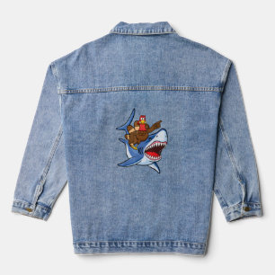 Turkey Riding Shark Thanksgiving Gift For Kids Boy Denim Jacket
