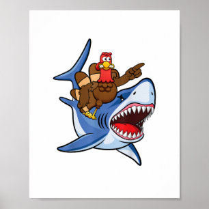 Turkey Riding Shark Thanksgiving Gift For Kids Boy Poster