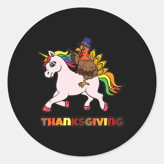 Turkey Riding Unicorn Thanksgiving Day Magical Fal Classic Round Sticker (Front)