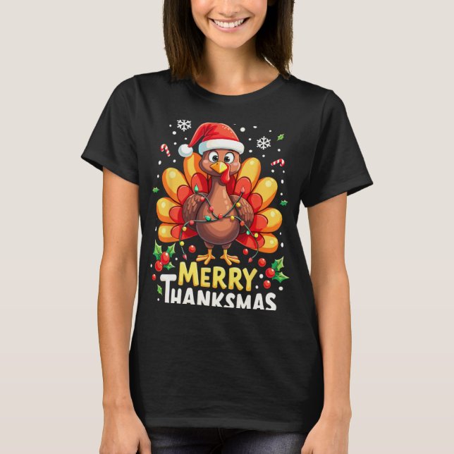 Turkey Santa Happy Merry Thanksmas Thanksgiving Ch T-Shirt (Front)