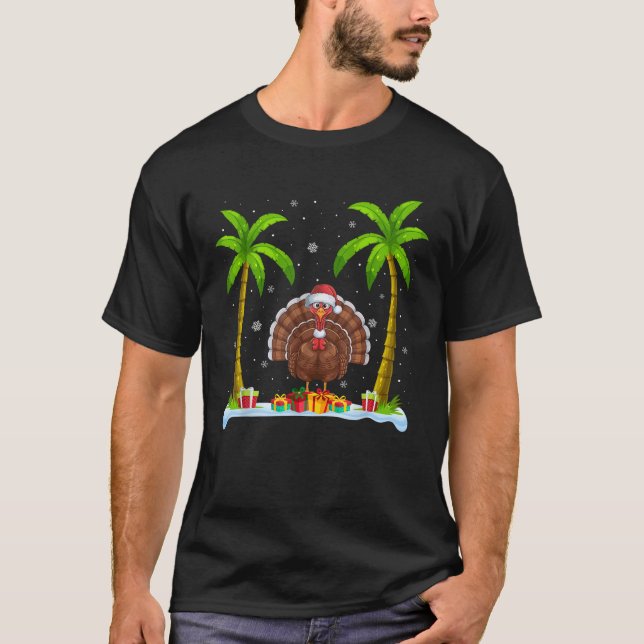 Turkey Santa Hat Palm Tree Beach Xmas Pajama  T-Shirt (Front)