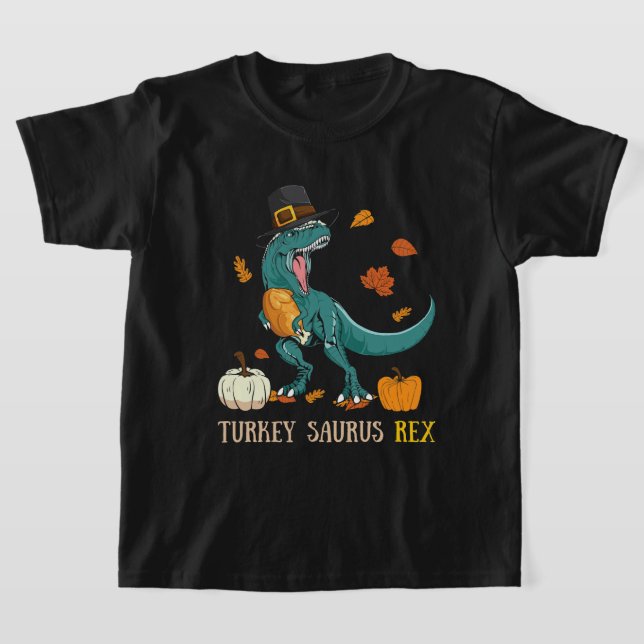 Turkey Saurus Rex Dinosaur Funny Thanksgiving T-Shirt (Laydown)