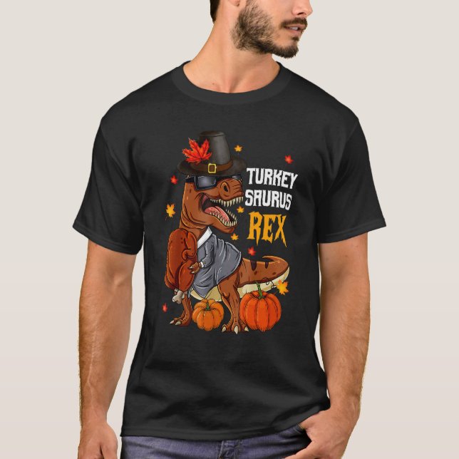 Turkey Saurus Rex Pilgrim Rex Fall Vibes Thanksgiv T-Shirt (Front)