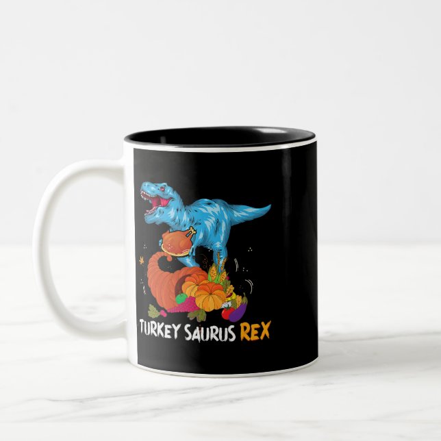 Turkey Saurus Rex Thanksgiving Dinosaur Pumpkin Two-Tone Coffee Mug (Left)