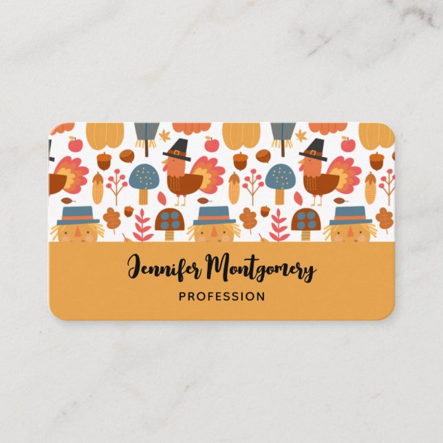 Turkey & Scarecrow Thanksgiving Pattern Business Card (Front)
