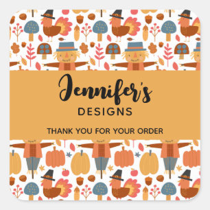 Turkey & Scarecrow Thanksgiving Pattern Business Square Sticker