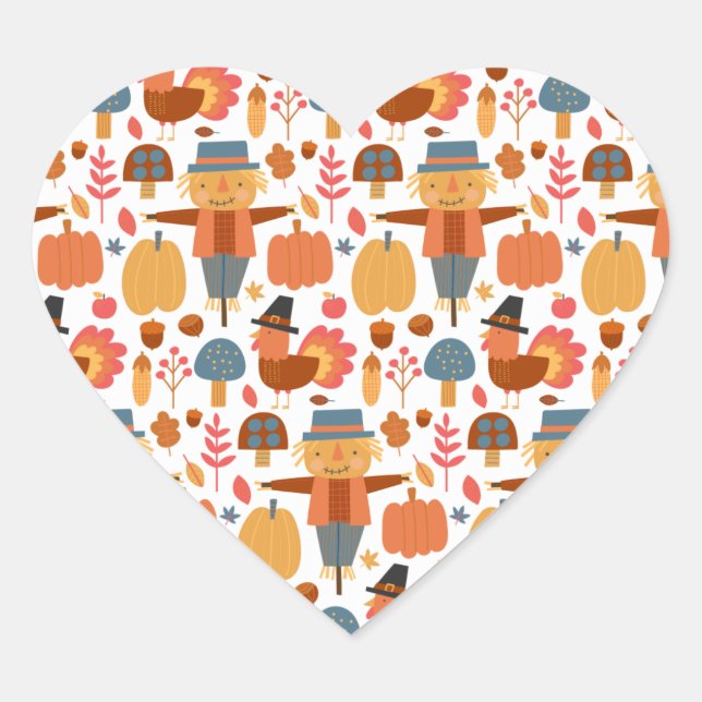 Turkey & Scarecrow Thanksgiving Pattern Heart Sticker (Front)