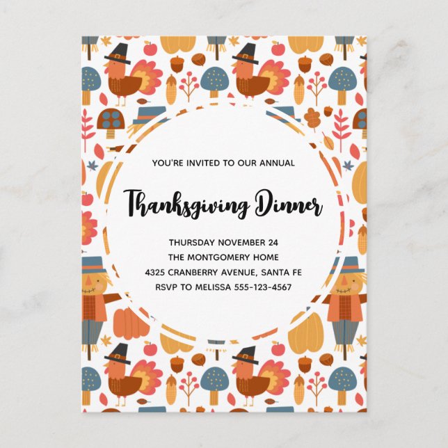 Turkey & Scarecrow Thanksgiving Pattern Invitation (Front)