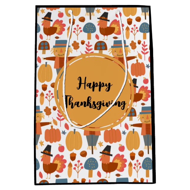Turkey & Scarecrow Thanksgiving Pattern Medium Gift Bag (Front)