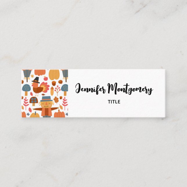 Turkey & Scarecrow Thanksgiving Pattern Mini Business Card (Front)
