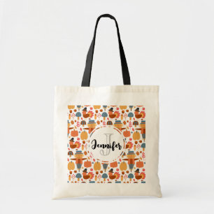 Turkey & Scarecrow Thanksgiving Pattern Monogram Tote Bag