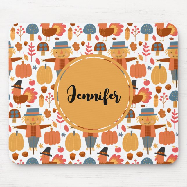 Turkey & Scarecrow Thanksgiving Pattern Mouse Mat (Front)
