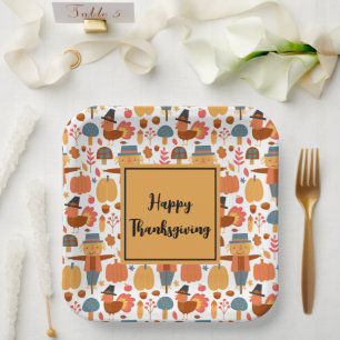 Turkey & Scarecrow Thanksgiving Pattern Paper Plate