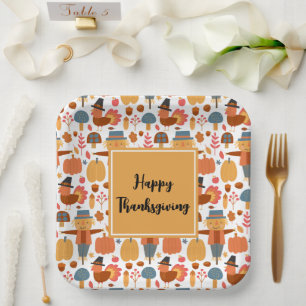 Turkey & Scarecrow Thanksgiving Pattern Paper Plate