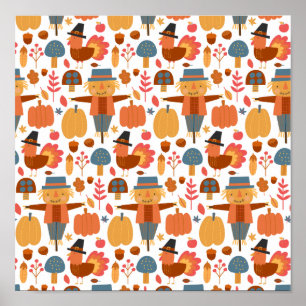 Turkey & Scarecrow Thanksgiving Pattern Poster