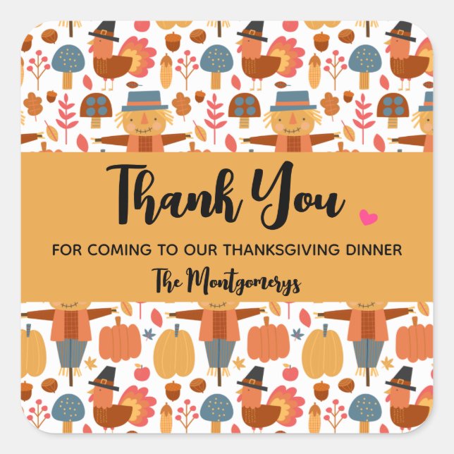 Turkey & Scarecrow Thanksgiving Pattern Thank You Square Sticker (Front)
