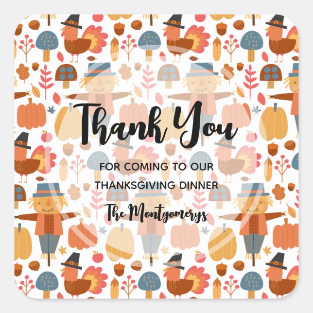 Turkey & Scarecrow Thanksgiving Pattern Thank You Square Sticker (Front)