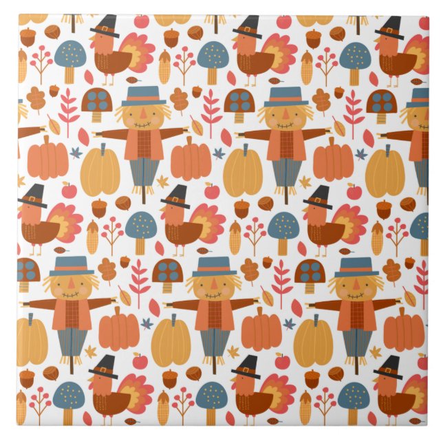 Turkey & Scarecrow Thanksgiving Pattern Tile (Front)