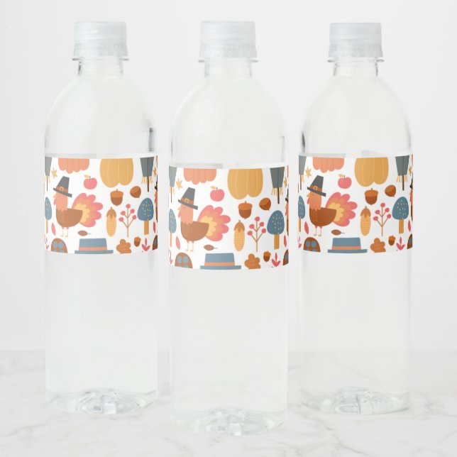 Turkey & Scarecrow Thanksgiving Pattern Water Bottle Label (Bottles)