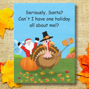 Turkey Selfie Photobombed by Santa Thanksgiving Postcard