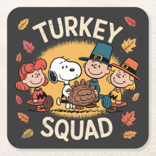 Turkey Squad Funny Cartoon Friends Thanksgiving Square Paper Coaster