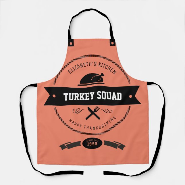 Turkey Squad Funny Hipster Peach and Black Apron (Front)