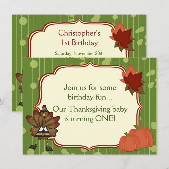 Turkey Thanksgiving 1st Birthday Invite for Boys (Front/Back)