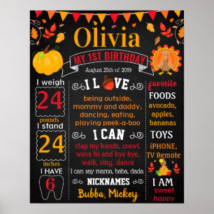 Turkey Thanksgiving First Birthday chalkboard Poster