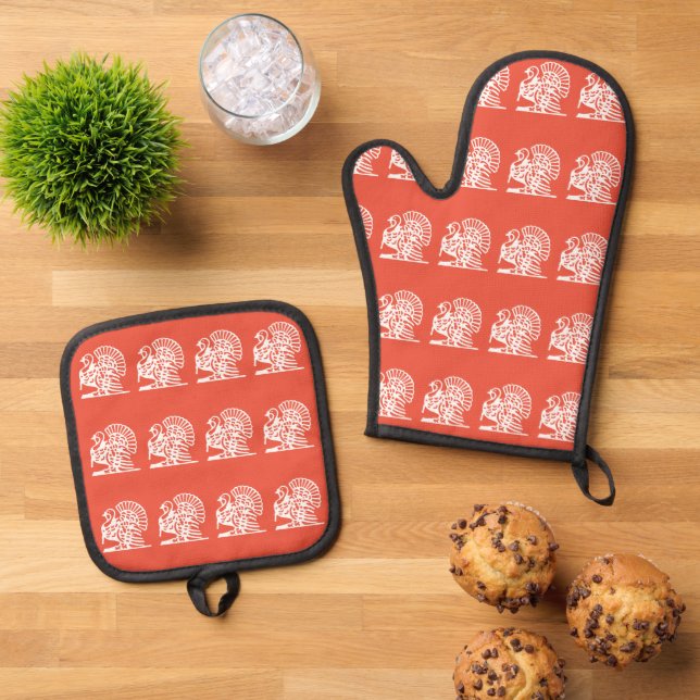 Turkey Thanksgiving Orange White Oven Mitt & Pot Holder Set (Top Down)