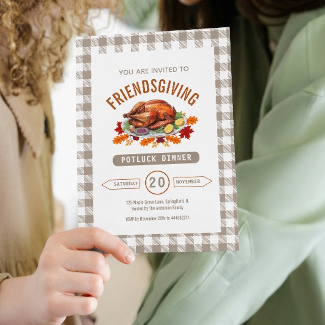 Turkey Thanksgiving Potluck Dinner Fall Gingham  Invitation (Turkey Thanksgiving Potluck Dinner Fall Gingham Invitation)