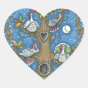TURKEY TREE, THANKSGIVING FUNNY GOBBLERS ROOSTING HEART STICKER