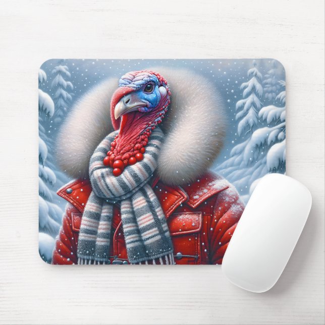 Turkey Wearing A Red Coat Mouse Mat (With Mouse)