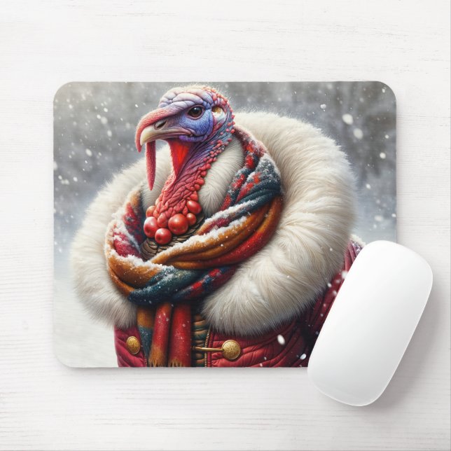 Turkey Wearing a Red Winter Coat Mouse Mat (With Mouse)