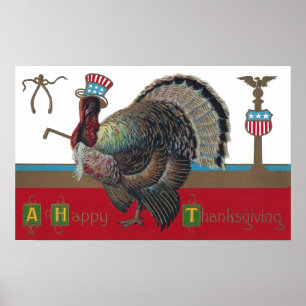 Turkey Wearing Patriotic Hat Vintage Thanksgiving Poster