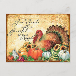 Turkey with Autumn fruits, vintage thanksgiving Postcard